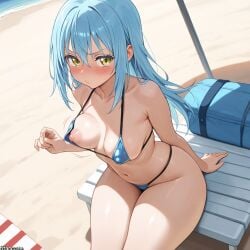(titancore) after_transformation ai_generated anime_show beach blushing curvy_figure cute cute_girl female gender_transformation girl growing_breasts light_blue_hair long_hair monster_girl rimuru_tempest rule_63 slime_girl tensei_shitara_slime_datta_ken transformation yellow_eyes