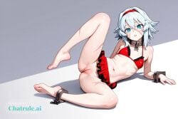 1girl ai_assisted ai_generated anime_coloring blue_eyes cleft_of_venus collar detailed_vagina dynamic_angle dynamic_pose erect_nipples facing_viewer female_focus frills full_body glossy_lips grey_hair hairband legs_spread miniskirt nude red_swimsuit scar_on_face shackles shading shadows shaved_vagina short_hair small_breasts solo solo_female spreading_legs thick_nipples tiny_breasts
