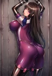 ai_generated big_ass civitai huge_breasts impossible_clothes kamori_sayaka latex_clothing latex_gloves latex_legwear latex_thighhighs nun nun_outfit purple_bodysuit rindou_aya_style shiny_clothes voluptuous