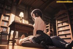 1boy 1girl ai_generated back bald bare_back black-framed_eyewear black_footwear black_hair black_pants black_skirt black_thighhighs blush bob_cut book book_stack bookshelf breasts closed_eyes closed_mouth erection frilled_skirt frills girl_on_top glasses hetero high-waist_skirt holding_book indoors lamp lee_bora library looking_back lying mary_janes masturbation medium_breasts nipples nivora nude on_back on_floor open_book pants penis pleated_skirt shoes short_hair shoulder_blades sitting skirt solo_focus solo_leveling table thighhighs topless topless_male uncensored wariza wooden_floor