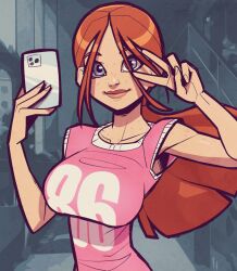 1girls animated areola areolae balsamique blue_eyes breasts busty cellphone clothing eyebrows eyelashes eyes freckles gif light-skinned_female light_skin long_hair looking_at_viewer nipples original original_character phone red_hair removing_clothing selfie shirt topless topless_female