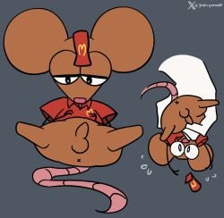 balls brown_body brown_fur clothing feral fur genitals godforgiveme4 grifvoid hi_res holding_another lying male mcdonald's on_back penis presenting shirt simple_background size_difference solo stick_arms tail topwear watermark