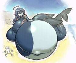 1girls anthro ass beach black_hair blue_eyes breasts female fins giantess gigantic_breasts hand_on_belly hellbrain hyper_pregnancy mermaid_tail multicolored_hair nude popped_navel pregnant size_difference someone_else's_oc thick_thighs whale_girl wide_hips wink