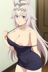 ai_generated areola_slip black_dress blue_eyes cleavage dress horse_ears horse_girl large_breasts long_hair, nipple_slip nipples oguri_cap_(umamusume) panties strap_slip umamusume white_hair