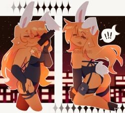 !!! artist_signature ass bunny_tail bunnysuit catygarden city city_background closed_eyes exclamation_point female female_only gun moon night night_sky open_mouth orange_hair orange_skin speech_bubble