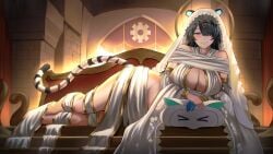 1girl 1girls absurdres animal_ears arms_under_breasts backlighting big_breasts black_hair breasts busty cleavage closed_mouth commentary commission convenient_censoring cosplay curvy dark_souls_(series) dark_souls_i dress english_commentary erina_makina familiar female full_body gears hair_over_one_eye half-closed_eyes head_chain highres huge_breasts jewelry long_hair looking_at_viewer lying massive_breasts mchiefy mechanical_hands narrowed_eyes on_side phase_connect queen_of_sunlight_gwynevere queen_of_sunlight_gwynevere_(cosplay) second-party_source single_mechanical_hand smile solo_focus stairs swept_bangs tail tiger_ears tiger_girl tiger_tail tits veil virtual_youtuber vtuber white_dress white_veil