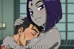 1boy 1girl ai ai_art ai_generated animification between_breasts black_hair blurry_background blush breast_smother breasts closed_eyes colored_skin completely_nude face_to_breasts facial_hair forehead_jewel grey_skin grin hand_on_another's_head head_between_breasts hetero hug indoors looking_at_viewer medium_breasts nipples nude purple_eyes purple_hair raven_(dc) short_hair smile stubble teen_titans