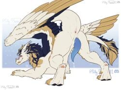 anus blue_penis blueberry_(smolderg) blush bodily_fluids claws dragon dripping feathers feral fluffy fluffy_tail fur furred_dragon furred_scalie genital_fluids genitals hi_res horn large_wings licking licking_lips looking_at_viewer male mane mythological_creature mythological_scalie mythology paws penis precum precum_drip presenting presenting_anus raised_hips scalie silly_monke simple_background solo tail tongue tongue_out wings yellow_eyes