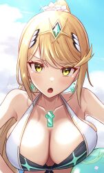 beach_ball bikini bikini_top blonde_hair blush breasts core_crystal earrings flower_in_hair large_breasts looking_at_viewer mythra nintendo open_mouth outside ponytail taro_(peach_taro51) water xenoblade_(series) xenoblade_chronicles_2 yellow_eyes