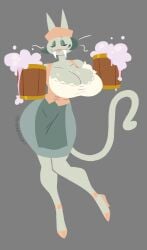 anthro barmaid beauty_mark beverage breasts cat eyes_closed fangs female green_hair hat huge_breasts nsfwoaf solo tongue_out wide_hips