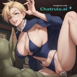 1girl 4k abstract_background ai_assisted ai_generated anime_coloring anime_style black_background blonde_hair breasts cleavage close_up closed_mouth cock_in_pussy collar cowgirl creampie dark_theme embarrassed femdom from_below from_side glasses glossy_lips golden_brooch green_eyes grin highres inside large_breasts leaning_forward lipstick looking_at_viewer makeup mature_woman moaning outside parted_bangs purple_suit pussy_sex red_lipstick saliva shaking short_hair side_view simple_background solo spread_legs standing_doggystyle tree