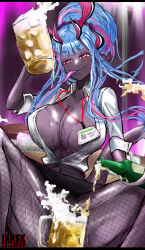 1girls artist_name beer big_breasts blue_hair blush breasts busty cleavage collarbone convenient_censoring curvy dated eyebrows eyebrows_visible_through_hair eyelashes faceless_male facing_viewer fate/grand_order fate_(series) female female_focus female_only fishnets grey_body horns huge_breasts ibuki_douji_(fate) id_card iknsk large_breasts long_hair long_tongue looking_at_viewer office_lady_outfit open_shirt pink_highlights pointy_ears red_eyes shirt skirt solo solo_female solo_focus spread_legs tongue tongue_out voluptuous voluptuous_female watermark