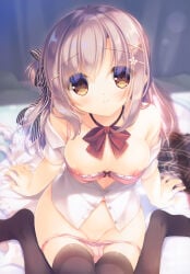 1girl areolae areolae_slip bondage breasts gray_hair hair_ornament hair_ribbon highres leaning_back long_hair medium_breasts neck_ribbon open_shirt panties panties_down school_uniform seifuku sitting thighhighs tied_hair unworn_skirt yukie