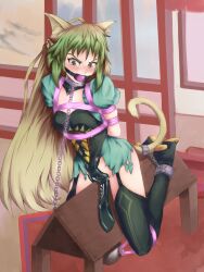 angry arms_behind_back arms_tied atalanta_(fate) ball_gag blonde_hair bondage bound_ankles box_tie breasts catgirl chain_leash collar dress fate/grand_order fate_(series) female femsub gag gagged green_eyes green_hair helpless high_heel_boots kagyakusetsu leash long_hair multicolored_hair pink_ball_gag restrained rope rope_bondage small_breasts torn_clothing torn_dress weights wooden_horse