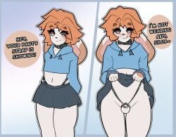 anthro balls bottomwear chastity_cage chastity_device chastity_strap clothed clothing collar comic cropped_hoodie dialogue english_text exhibitionism flat_chastity_cage genitals gradient_background hair hi_res lagomorph leporid luckesha male mammal navel nikki_(luckesha) presenting rabbit raised_bottomwear raised_clothing raised_skirt short_hair simple_background skirt solo speech_bubble text white_body
