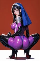 ai_generated big_ass civitai huge_breasts impossible_clothes kamori_sayaka latex_clothing latex_gloves latex_legwear latex_thighhighs nun nun_outfit purple_bodysuit rindou_aya_style shiny_clothes voluptuous