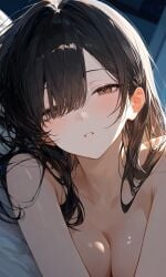 1girl 1girls ai_generated bedroom black_hair breasts brown_eyes girlfriend impacter long_hair medium_breasts naked naked_female on_bed wife