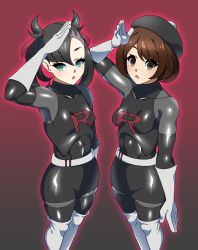 2girls belt black_hair brainwashing brown_eyes brown_hair elbow_gloves enemy_conversion female female_only gloria_(pokemon) gloves green_eyes hypnosis marnie_(pokemon) mind_control miniskirt multiple_girls pokemon pokemon_ss team_rocket thigh_boots thighhighs transforming_into_combatant