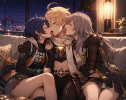 1boy 2girls aether_(genshin_impact) ai_generated belle_(zenless_zone_zero) genshin_impact grok grok_imagine group_kiss group_kissing honkai:_star_rail hoyoverse kissing stelle_(honkai:_star_rail) tagme trailblazer_(honkai:_star_rail) triple_kiss video zenless_zone_zero