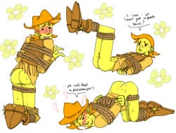 ass bare_ass blushing cowboy deltarune deltarune_chapter_5 dialogue embarassed_male embarrassed flowers hearts_around_head looking_at_viewer looking_back male male_only pants_down partially_clothed post-sex pre-sex rope skinny skinny_male stuttering sweaty tied_up white_background yellow_(deltarune)