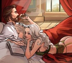 1boy 1girls 2020s 2025 2d 2d_(artwork) a_song_of_ice_and_fire age_difference artist_request ass beard blanket brown_hair canopy_bed castle character_request chest_hair cigar curtains detailed_background dilf fabric fire_and_blood house_of_the_dragon house_targaryen implied_after_sex indoors lingerie lying lying_on_back lying_on_bed lying_on_stomach mustache older_male open_shirt reading reading_book sheet smoking smoking_cigar valyrian younger_female