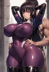 ai_generated big_ass civitai huge_breasts impossible_clothes kamori_sayaka latex_clothing latex_gloves latex_legwear latex_thighhighs nun nun_outfit purple_bodysuit rindou_aya_style shiny_clothes voluptuous