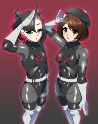 2girls belt black_hair brainwashing brown_eyes brown_hair elbow_gloves enemy_conversion female female_only gloria_(pokemon) gloves green_eyes hypnosis marnie_(pokemon) mind_control multiple_girls pokemon pokemon_ss team_rocket thigh_boots thighhighs transforming_into_combatant