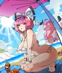 1girls alternate_costume ass barefoot beach beach_towel bikini bow bracelet breasts clouds colored curvy curvy_figure dynamax dynamax_band galarian_slowbro game_freak gooroomee hair_ornament hands_on_knees jewlery klara_(pokemon) krabby large_breasts looking_at_viewer midriff mole nails navel necklace nintendo ocean painted_nails phone pink_hair pink_nails pokemon pokemon_ss pokemon_ss_isle_of_armor purple_eyes revealing_clothes rotom_phone sky slowbro sunglasses sunglasses_on_head sunscreen swimsuit tagme thick_thighs thighs towel umbrella