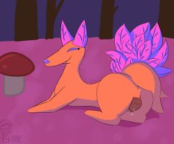 2026 animal_genitalia animal_vulva anus bodily_fluids brown_vulva butt canid canine canine_genitalia canine_vulva darkner deltarune digital_media_(artwork) elemental_creature evee123 female feral flora_fauna fox fungus fur genital_fluids genitals hi_res leaf leaf_tail lounging mammal mushroom netskie orange_body orange_fur plant presenting presenting_hindquarters presenting_vulva purple_ears purple_eyes purple_leaves purple_tail smile solo tail teeth tree undertale_(series) vulva