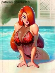 1girls 2022 alternate_version_available artist_signature big_breasts bikini cleavage crimson_kaiserin disney earrings eyeshadow getting_out_of_pool green_eyes hair_over_one_eye jessica_rabbit lipstick long_hair long_red_hair looking_at_viewer nail_polish patreon_url pool poolside red_hair standing_in_water who_framed_roger_rabbit