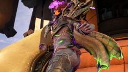 1boy ass cape captura drifter_(warframe) glasses in_game leather_clothing long_hair outdoors screencap shoulder_armor side_view skull solo warframe