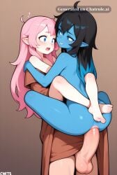 1girl ai_assisted ai_generated anal anal_penetration big_dick black_hair blue_eyes blue_hair blue_skin carrying leg_lock long_hair pink_hair pointy_ears two_tone_hair