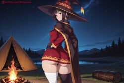 1girl ai_generated ass bandaged_leg bandages black_hair black_legwear blush cape dress fingerless_gloves fire from_behind gloves hat hi_res high_quality high_resolution kiraamane kono_subarashii_sekai_ni_shukufuku_wo! looking_at_viewer looking_back megumin night outdoors patreon patreon_username red_eyes seductive sexy short_hair sky solo star_(sky) starry_sky thighhighs uncensored watermark witch_hat