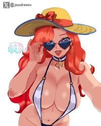 beach_hat big_boobs big_breasts blue_eyes collar digital_media_(artwork) heart_glasses hoop_earrings jessdraws league_of_legends miss_fortune orange_hair riot_games sweat swimsuit tongue_out