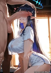 1boy 1girl ai_assisted ai_generated black_hair blue_archive blush breasts clothed_female_nude_male covered_nipples crop_top_overhang cum curvaceous curvy curvy_female curvy_figure dark_elf dark_skin earrings elf erection female grin hand_on_another's_head heart hetero huge_breasts huge_penis jewelry large_breasts large_penis long_hair miyuai mole navel no_bra penis penis_awe penis_on_face pointy_ears rin_(blue_archive) see-through shirt smile solo_focus testicles thick thick_ass thick_butt thick_hips thick_legs thick_thighs veins veiny_penis voluptuous voluptuous_female wide_hips wide_thighs