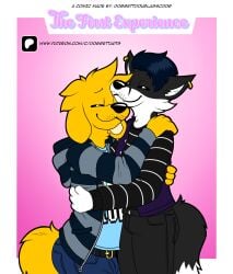 anthro bird_dog canid canine canis clothed clothing doggettdouglasmcdog domestic_dog duo english_text fox fur golden_retriever hi_res hug hunting_dog male male/male mammal retriever smile tail text url