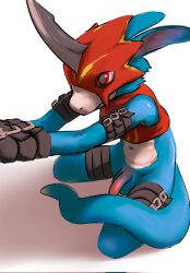 anthro armor arms_tied athletic athletic_male balls bandai_namco bondage bottomless bound clothed clothing digimon digimon_(species) flaccid flamedramon genitals headgear helmet hi_res male male_only mindkog penis