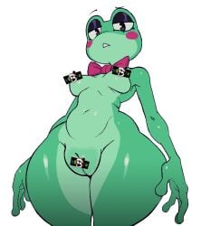 amphibian anthro black_eyes bow_tie breasts caine_censorship censor_bar censored cyanu female frog genitals glitch_productions green_body half-closed_eyes hi_res ineffective_censorship looking_at_viewer narrowed_eyes navel non-mammal_breasts nude plump_labia pubes pubic_stubble ribbit_(tadc) solo the_amazing_digital_circus thick_thighs vulva wide_hips