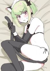 1boy 1femboy androgynous angry_expression angry_face annoyed_expression bikini bikini_bottom bikini_top black_legwear blush blushing blushing_female bob_cut cat_boy cat_ears cat_tail catboy crossdressing embarrassed fake_animal_ears fake_tail femboy femboy_only feminine_faced_male feminine_male lio_fotia looking_at_viewer maid maid_bikini maid_headdress nervous on_bed petite petite_body petite_male pov promare short_hair short_male shy slim slim_male slim_waist solo stockings thighhighs thin_waist tsundere twink
