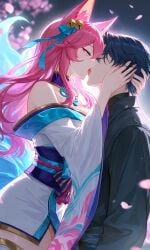1boy 1girl abs ahri_(league_of_legends) ai_generated alley another artist ass at belt black blue blush breasts bun clothes dark dark-skinned earrings eyes eyeshadow female french from girl hair hetero hoop interracial jewelry kiss large league_of_legends long looking makeup male multicolored muscular name necklace nipples on outdoors pants patreon pull saliva side single sitting skin straddling sweat top topless two-tone username