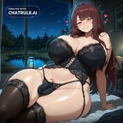 1girl ai_assisted ai_generated bedroom black_lingerie black_thighhighs blush curvaceous_body curvaceous_hips curvaceous_thighs curvy detailed_face floating_hearts futa_is_smaller half_closed_eyes heart_shaped_pupils heart_symbol hera high_quality hourglass_body huge_breasts huge_hips huge_thighs lace_panties lace_thighhighs large_breasts large_thighs looking_at_viewer massive_thighs night panties_bulge parted_lips perfect_body pond seductive_eyes sexy_pose shiny_skin shy sitting small_balls small_penis_futa smile thick_hips thick_legs thick_thighs thighs thighs_bigger_than_head tsundere voluptuous wide_hips window