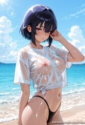 1girl ai_generated bangs beach bikini bikini_bottom_only black_bikini black_hair blue_sky blush breasts cloud cowboy_shot dark-skinned_female dark_skin day highleg highleg_bikini kermixx large_breasts lens_flare looking_at_viewer navel nipples ocean outdoors promeia_(zenless_zone_zero) purple_eyes see-through shirt short_hair short_sleeves sky solo swimsuit wet wet_clothes wet_shirt white_shirt zenless_zone_zero