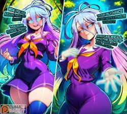1girl 2026 2d absurd_res absurd_resolution absurdres ai_generated blue_eyes blue_hair blue_thighhighs breasts comic covered_navel dress english_text glowing glowing_eyes gradient_hair hair_between_eyes hi_res high_quality high_resolution highres ikaros image large_breasts long_hair looking_at_viewer lumarabbit multicolored_hair multiple_views neckerchief no_game_no_life open_mouth patreon patreon_logo patreon_username purple_dress sailor_collar school_uniform serafuku shiro_(no_game_no_life) skindentation smile sora_no_otoshimono thick_thighs thighhighs thighs uncensured very_long_hair watermark web_address yellow_neckerchief