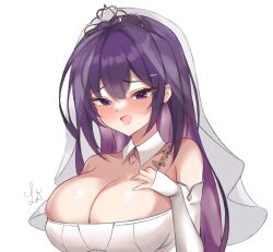 barely_covered_breasts big_breasts bride butterflies doki_doki_literature_club dress huge_breasts ldecarabia_(artist) looking_at_viewer open_mouth purple_eyes purple_hair smiling wedding wedding_clothing wedding_dress white_clothing white_dress wholesome yuri_(doki_doki_literature_club)