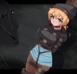 1girls arms_behind_back blonde_hair blue_eyes bondage bondco bound bound_arms bound_legs collar crotch_rope denim denim_skirt female female_only femsub fully_clothed hoodie miniskirt pantyhose png rope short_skirt skirt