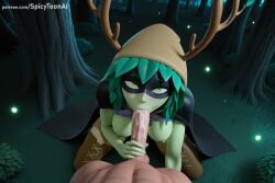 1boy 1girl adventure_time ai_generated antlers aqua_hair breasts clothed_female_nude_male cum fellatio fireflies forest glowing glowing_eyes green_eyes hetero hi_res high_quality high_resolution hood hood_up hoodie huntress_wizard looking_at_viewer nature night oral outdoors patreon penis pov seductive sexy short_hair solo_focus spicytoonai tree tsuchinoko_(kemono_friends) uncensored watermark web_address