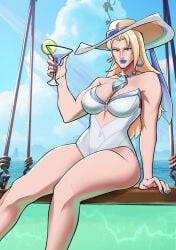 adrawingsoup beach bikini blonde blonde_hair blue_eyes emma_frost emma_frost_(marvel_rivals) emma_frost_(white_wave_queen) marvel marvel_rivals outdoors
