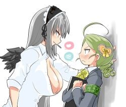 2girls female green_eyes green_hair huge_breasts itini-sanshi kanaria long_hair multiple_girls red_eyes rozen_maiden silver_hair sisters suigintou tagme yuri