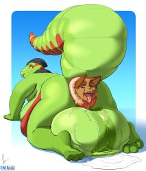 absurd_res almost_fully_inside anal anal_penetration anal_vore anthro anus balls beanie big_balls big_butt brown_body brown_fur butt clothing duo english_text feet finland_(finlandice) finlandice fur generation_1_pokemon generation_3_pokemon genitals green_body hat headgear headwear hi_res huge_balls huge_butt hyper hyper_balls hyper_butt hyper_genitalia looking_back male male/male male_penetrated male_penetrating male_penetrating_male male_pred male_prey mammal multicolored_body nintendo nude owligatorstudios penetration pokemon pokemon_(species) raichu ruchex_(character) scalie sceptile sex simple_background tail text thick_tail toes two_tone_body vore