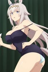 ai_generated ass black_dress blue_eyes cleavage dress horse_ears horse_girl large_breasts long_hair oguri_cap_(umamusume) panties strap_slip umamusume white_hair